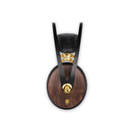 Meze 99 Classics over-ear audio headphones side view walnut wood design with gold highlights