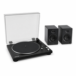 Kanto OBI3 Black turntable with Victrola Tempo Black powered bookshelf speaker system