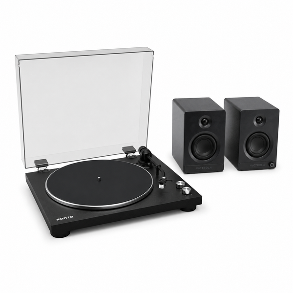 Kanto OBI3 Black turntable with Victrola Tempo Black powered bookshelf speaker system